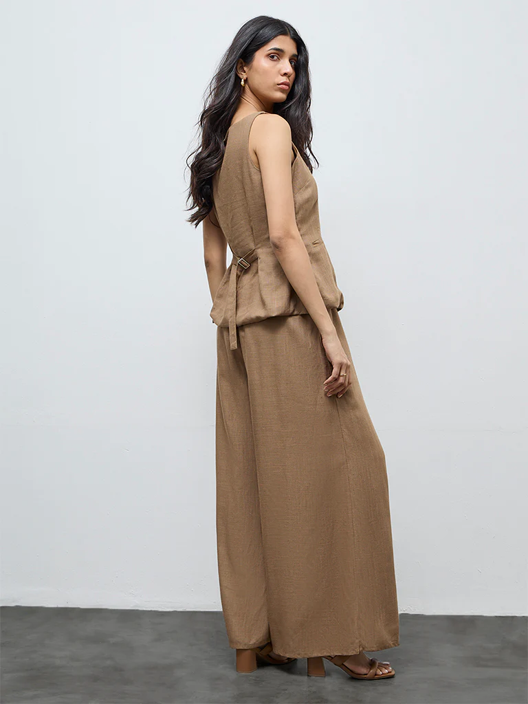 LOV Brown Solid High-Rise Cotton-Blend Pants - Image 4