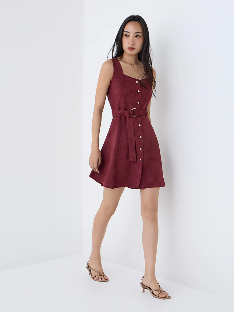 LOV Burgundy A-Line Suede Dress with Belt - Image 2