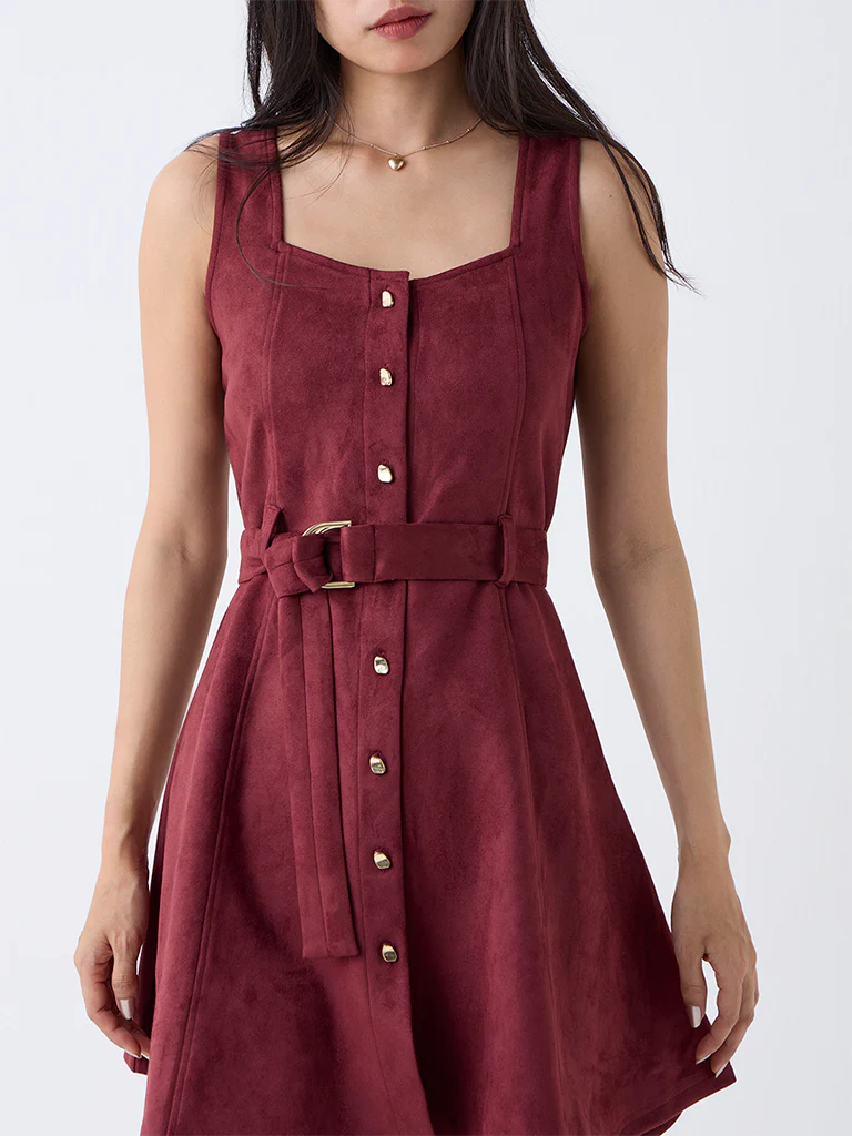 LOV Burgundy A-Line Suede Dress with Belt - Image 3