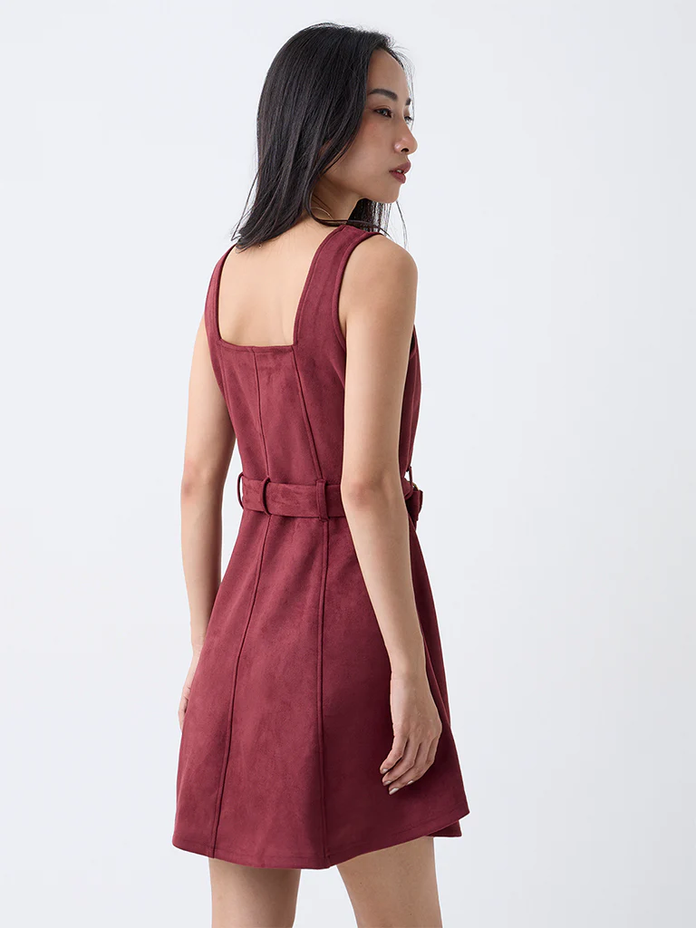 LOV Burgundy A-Line Suede Dress with Belt - Image 4