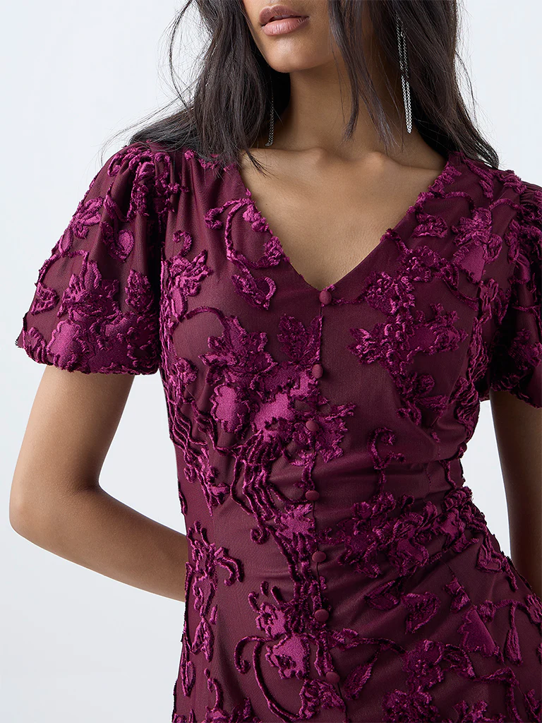 LOV Burgundy Floral Embroidered A-Line Dress - Image 3