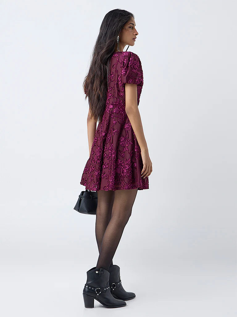 LOV Burgundy Floral Embroidered A-Line Dress - Image 4