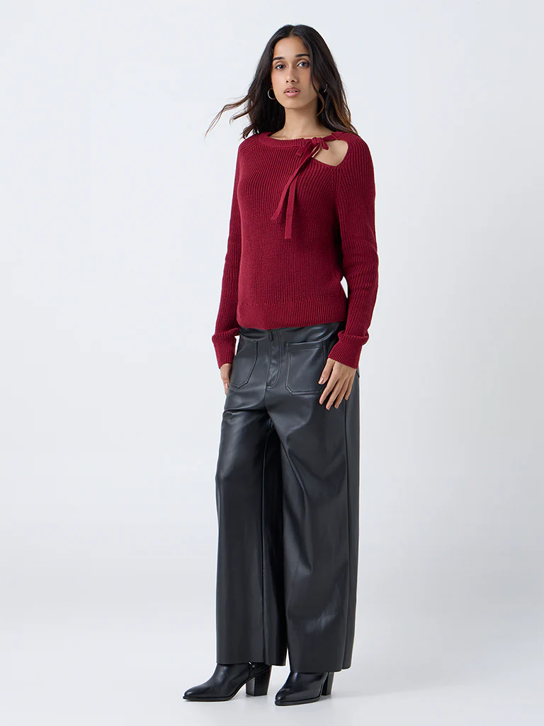 LOV Burgundy Knitted Bow-Detail Cotton-Blend Sweater - Image 2
