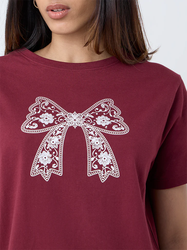 LOV Burgundy Printed Cotton T-Shirt - Image 3