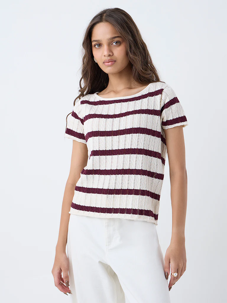 LOV Burgundy Striped Cotton-Blend Top