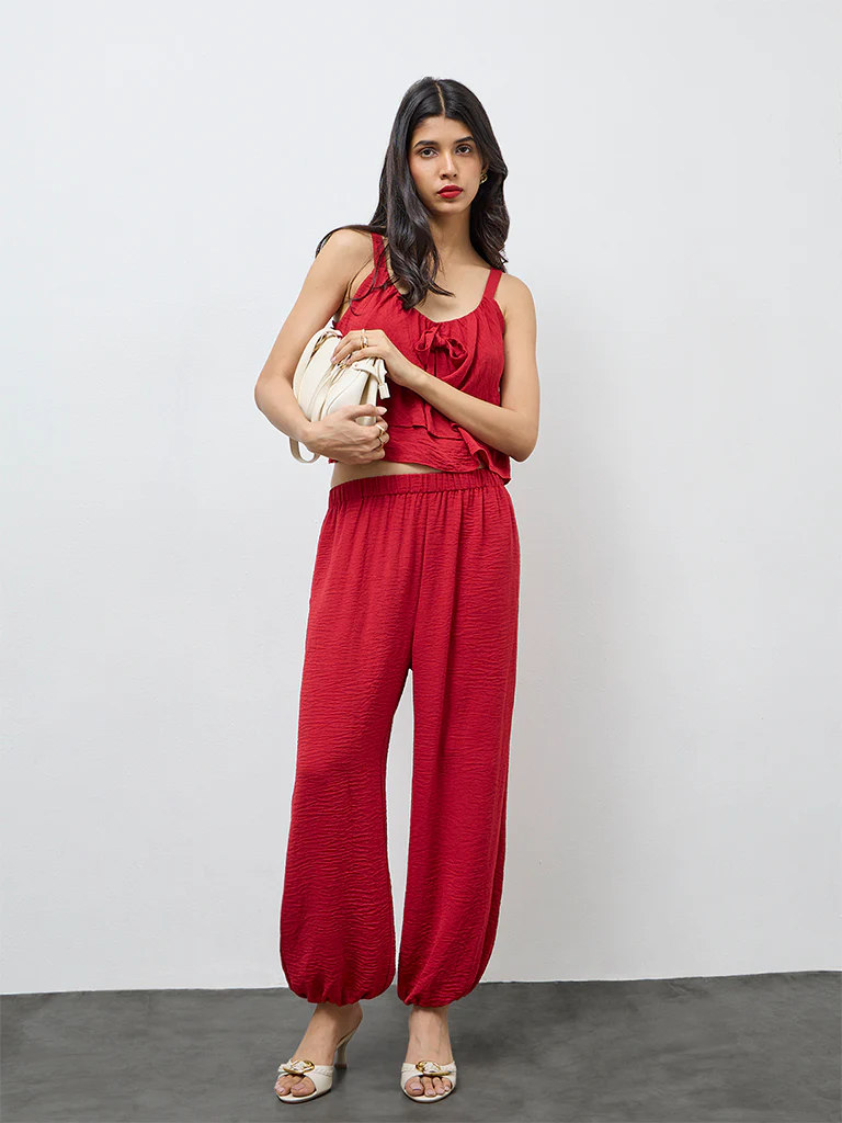 LOV Red Crinkle Textured High-Rise Harem Pants