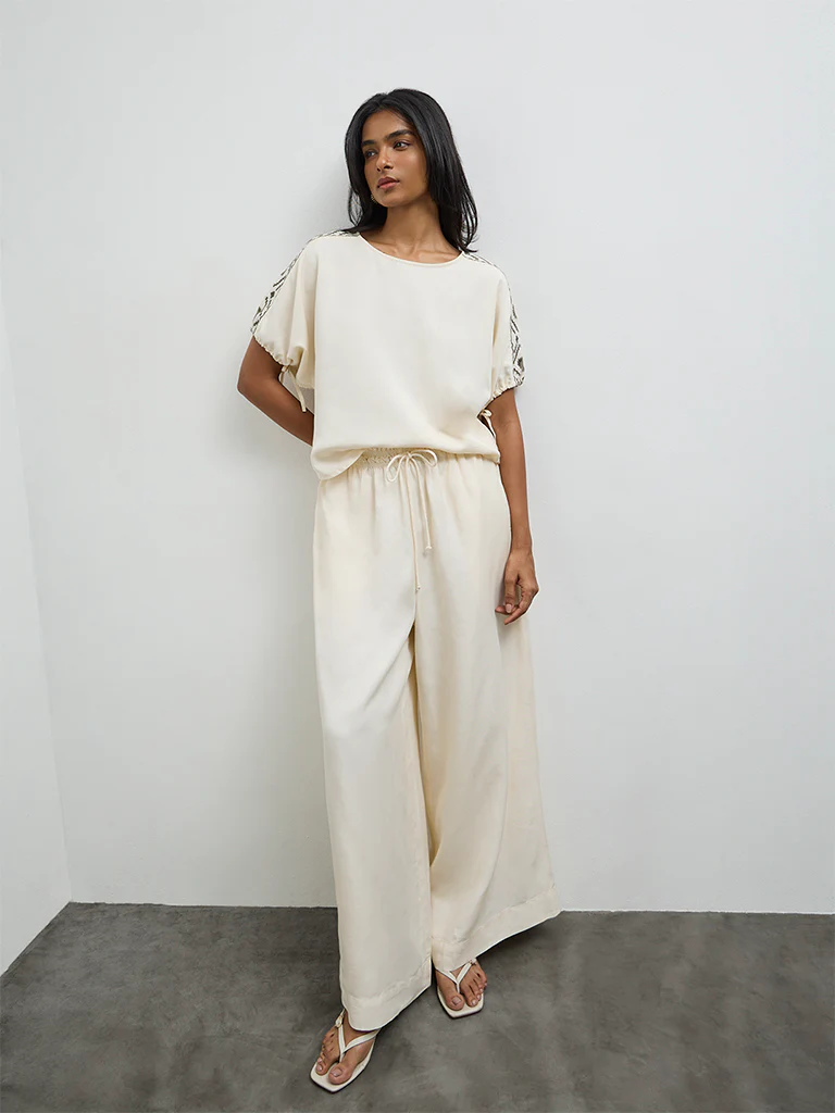 LOV Cream Embroidered Cotton Blouse