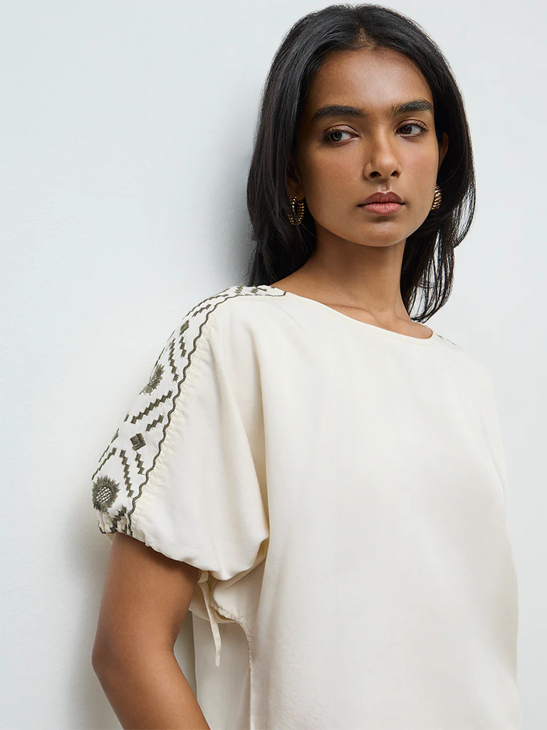 LOV Cream Embroidered Cotton Blouse - Image 3