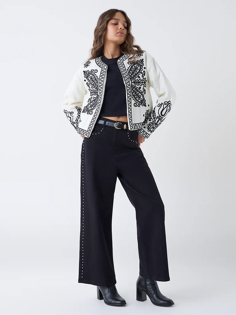 LOV Cream Embroidered Cotton Quilted Jacket - Image 2