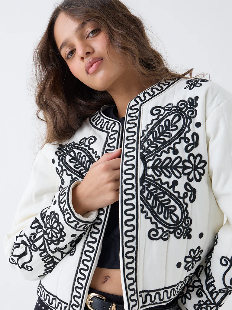 LOV Cream Embroidered Cotton Quilted Jacket - Image 3