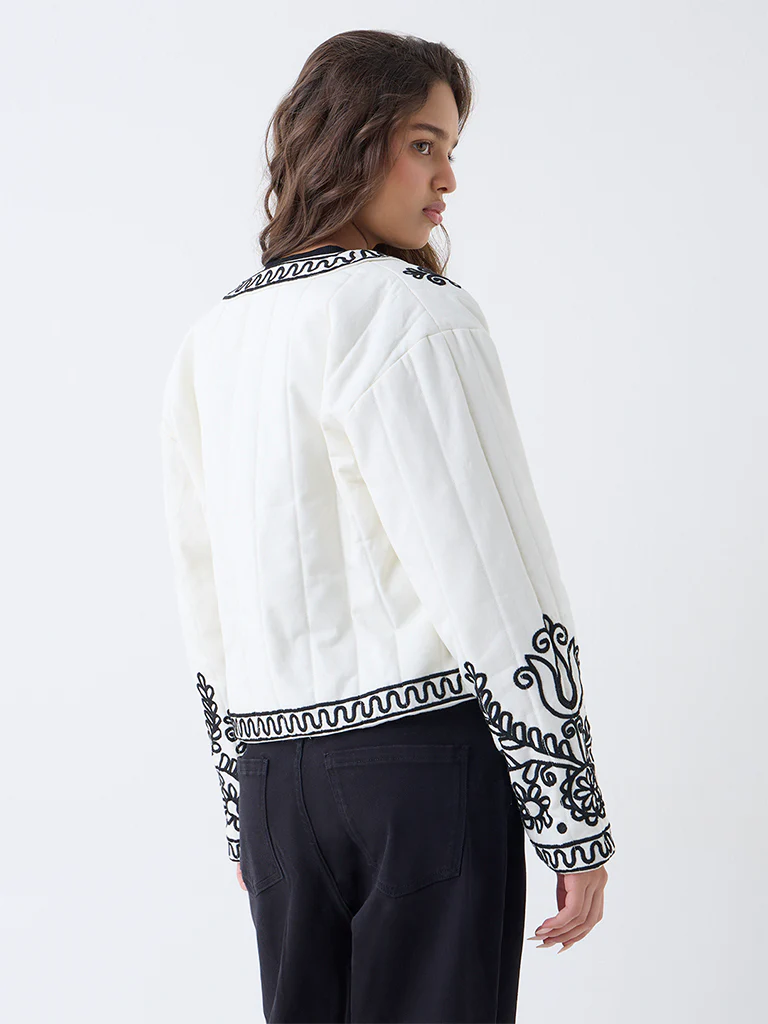 LOV Cream Embroidered Cotton Quilted Jacket - Image 4