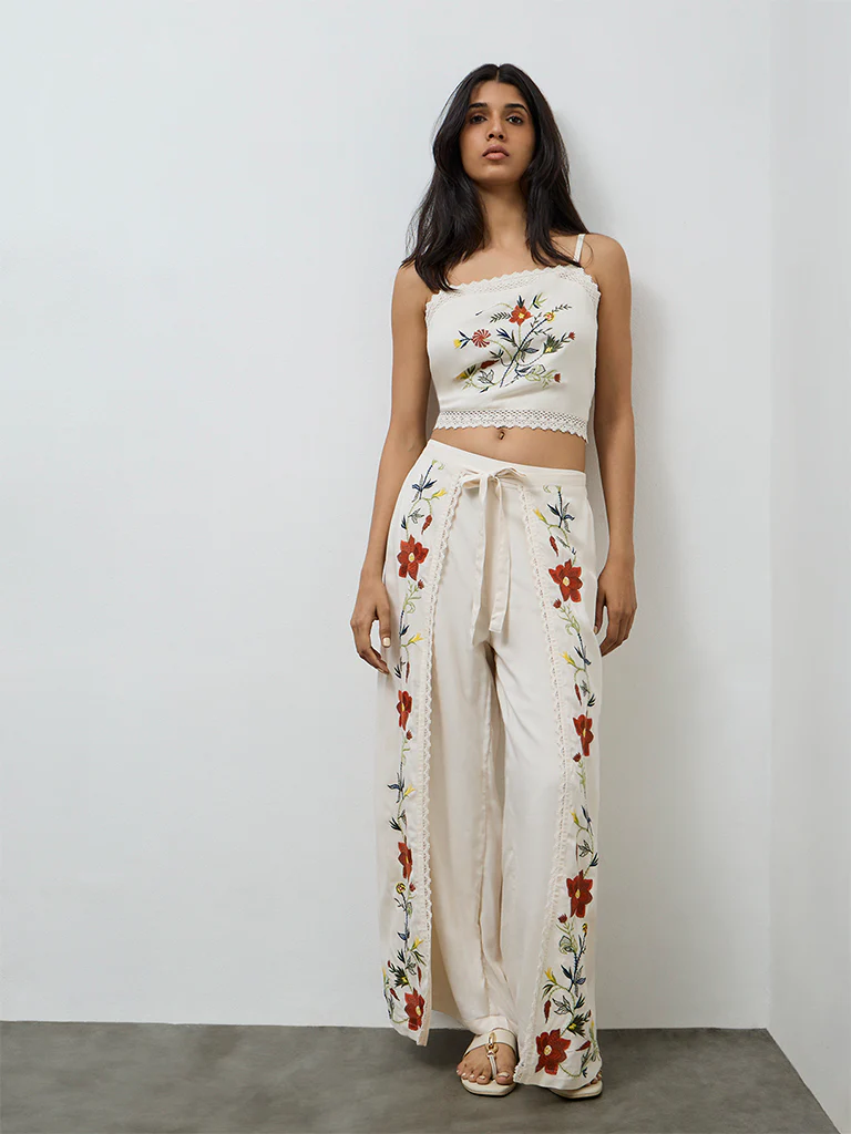 LOV Cream Embroidered High-Rise Pants