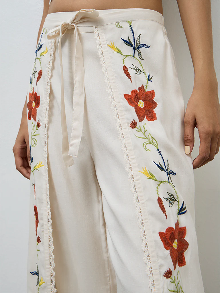 LOV Cream Embroidered High-Rise Pants - Image 3