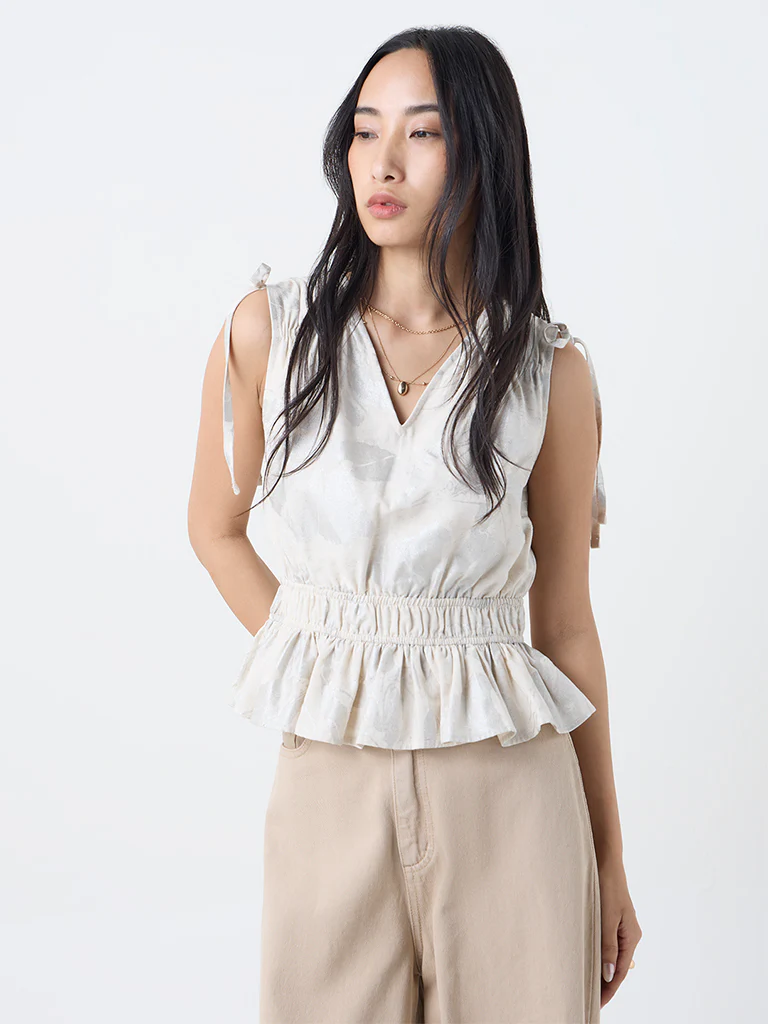 LOV Cream Floral Design Smocked Top - Image 2