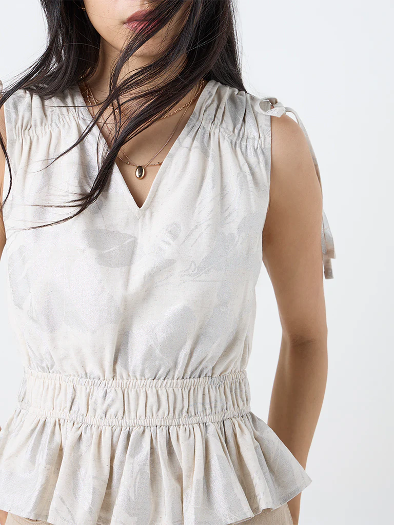 LOV Cream Floral Design Smocked Top - Image 3