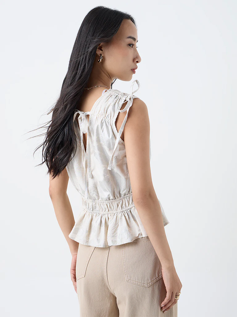 LOV Cream Floral Design Smocked Top - Image 4