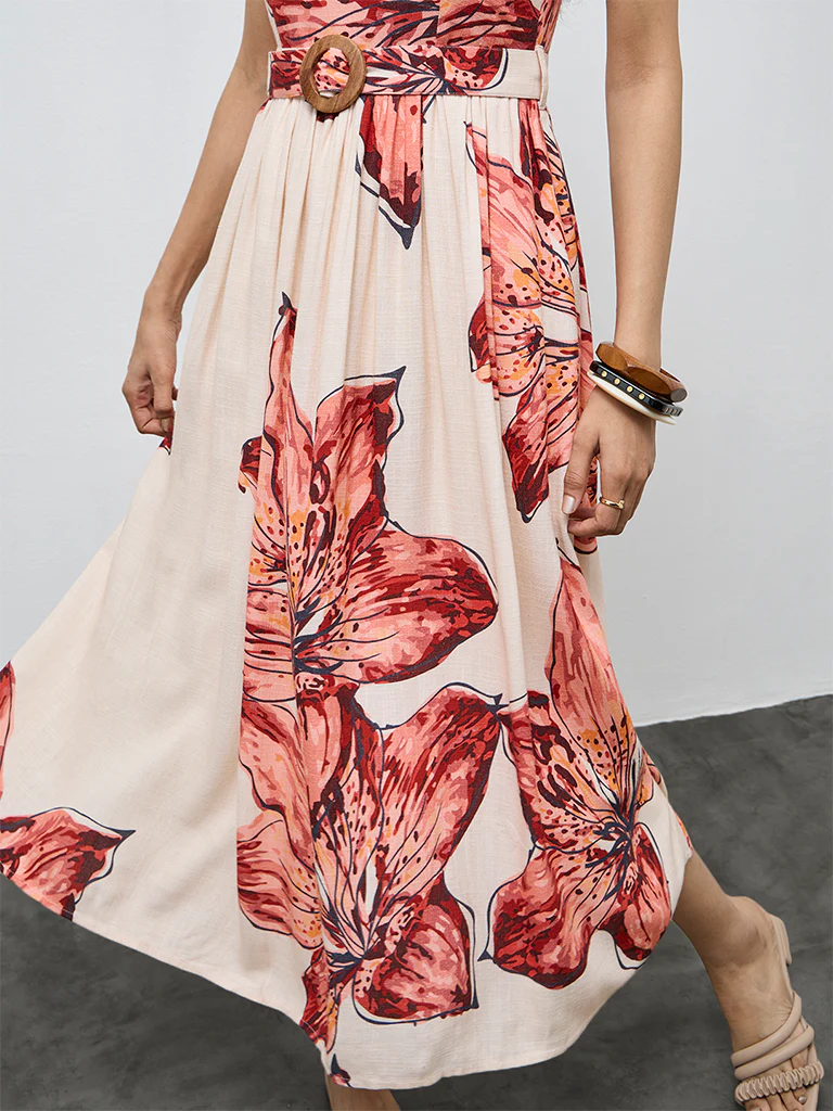 LOV Cream Foliage Printed A-Line Dress with Belt - Image 3