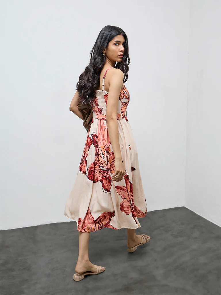LOV Cream Foliage Printed A-Line Dress with Belt - Image 4