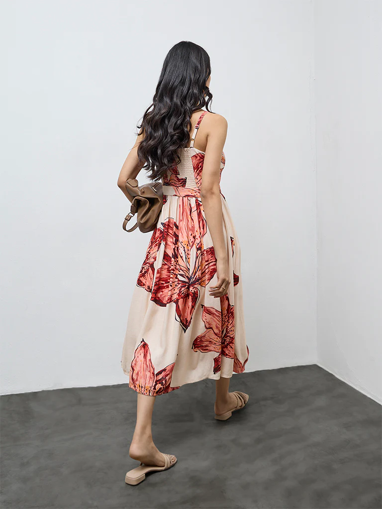 LOV Cream Foliage Printed A-Line Dress with Belt - Image 5