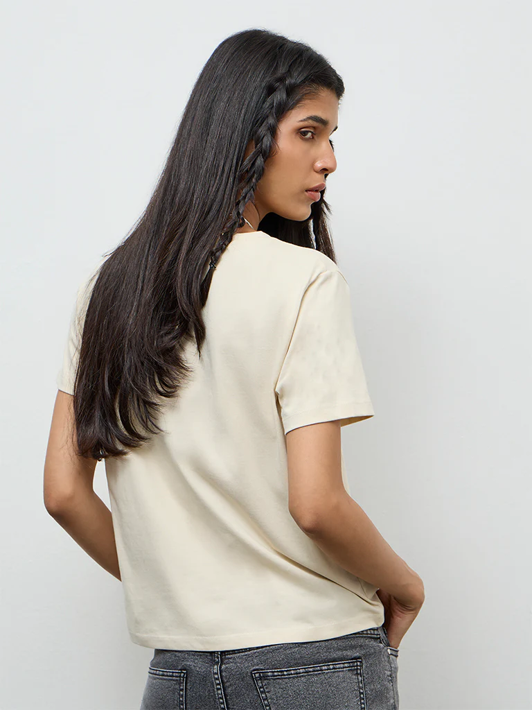 LOV Cream Graphic Printed Cotton T-Shirt - Image 4
