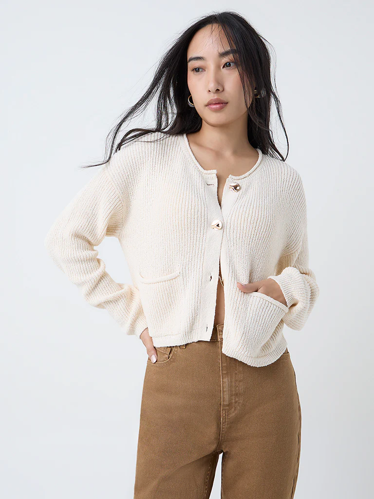 LOV Cream Knitted Cotton-Blend Cardigan