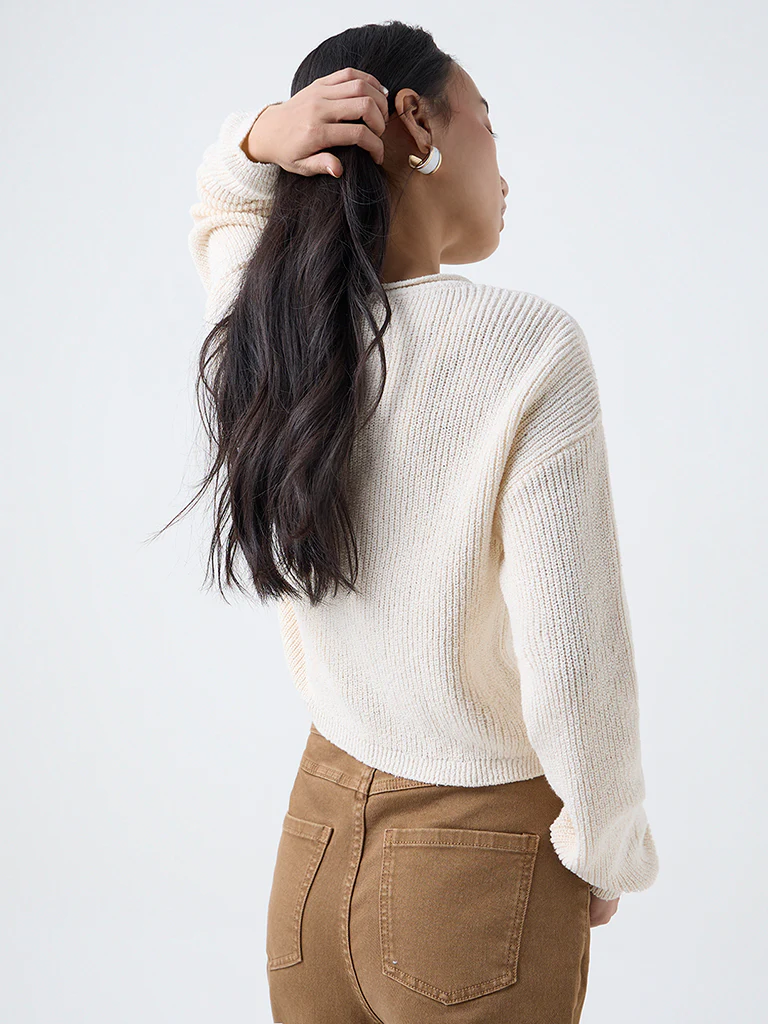 LOV Cream Knitted Cotton-Blend Cardigan - Image 4
