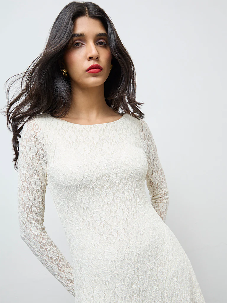 LOV Cream Lace Design A-Line Dress - Image 3