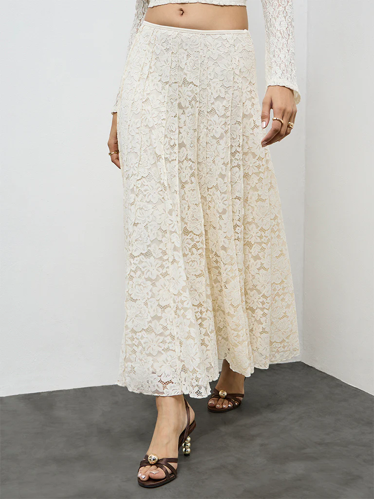 LOV Cream Lace Detailed High-Rise Skirts - Image 2