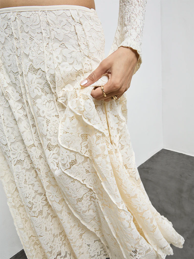 LOV Cream Lace Detailed High-Rise Skirts - Image 3