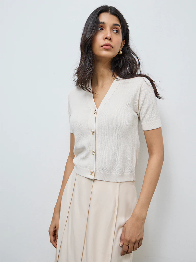 LOV Cream Popcorn Knit-Textured Cardigan