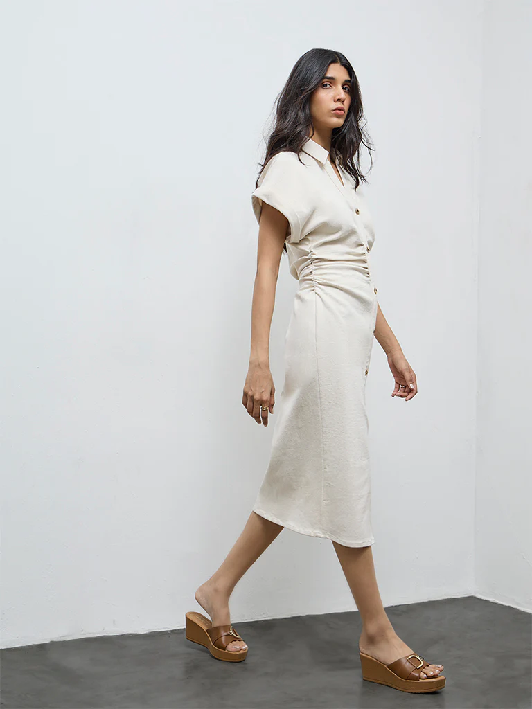 LOV Cream Ruched Detailed Denim Shirt Dress - Image 2