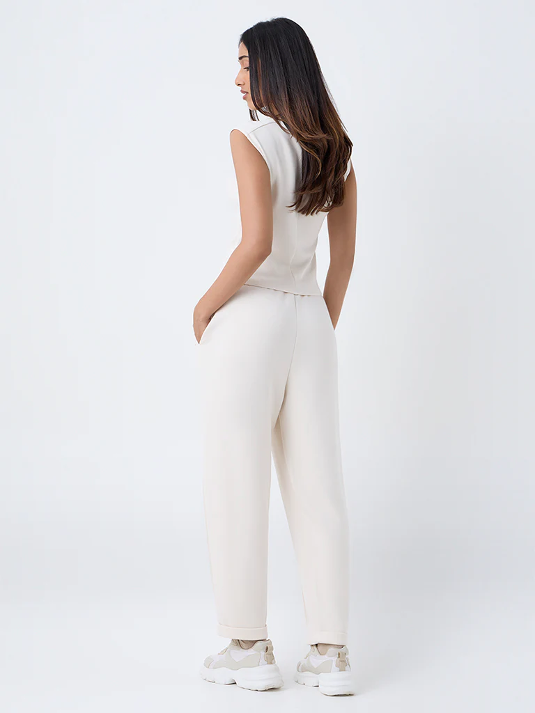 LOV Cream Solid High-Rise Cotton-Blend Track Pants - Image 4