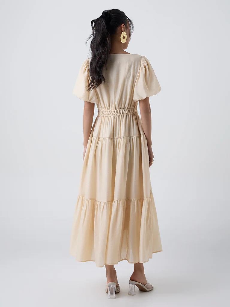 LOV Cream Solid Tiered Dress - Image 4