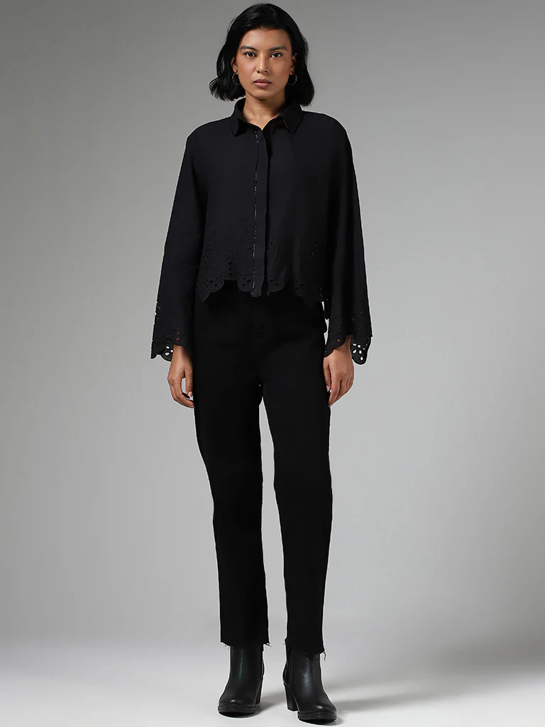 LOV Cut-Work Embroidered Black Shirt - Image 3