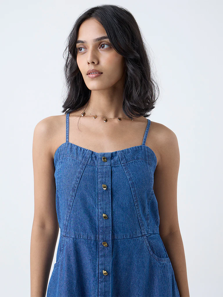 LOV Dark Blue Denim A-Line Dress - Image 3