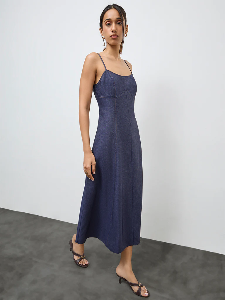 LOV Dark Blue Denim A-Line Dress - Image 2