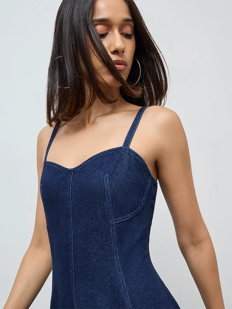 LOV Dark Blue Denim A-Line Dress - Image 3