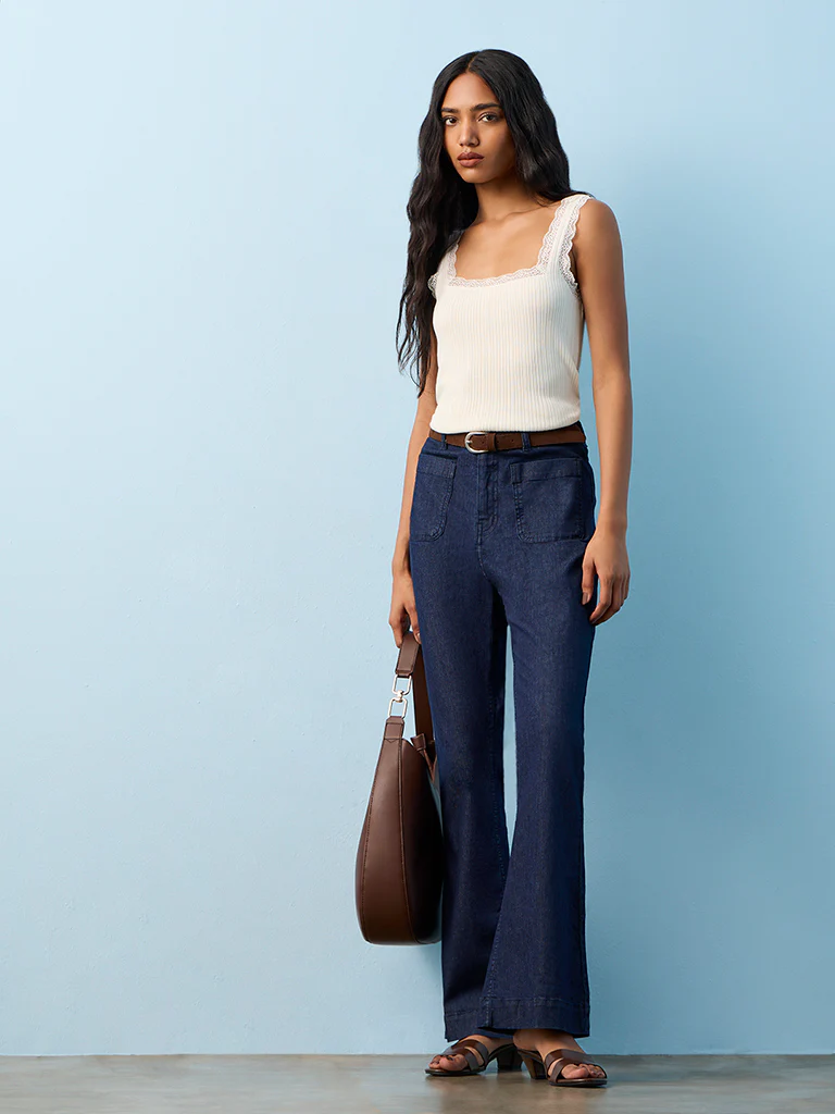 LOV Dark Blue High-Rise Bootcut Jeans with Belt