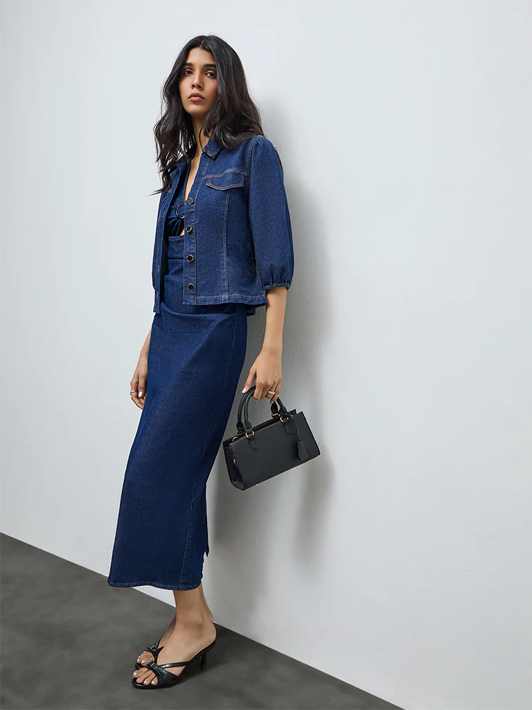 LOV Dark Blue Solid Denim Blouse - Image 2