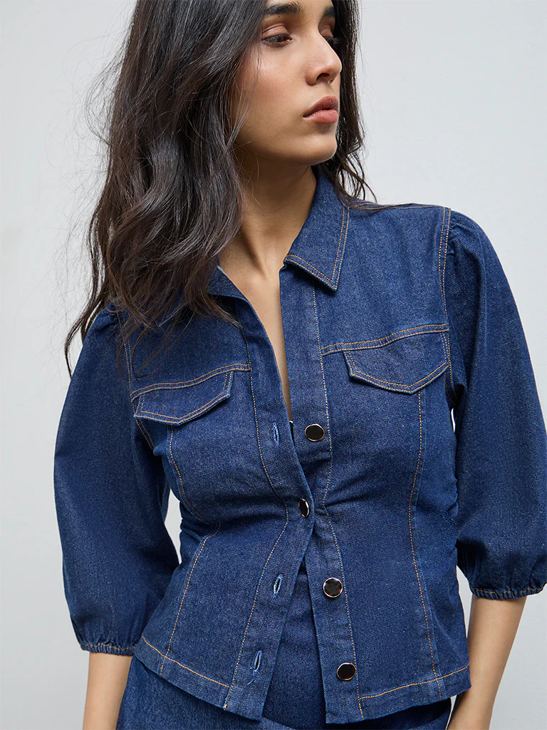 LOV Dark Blue Solid Denim Blouse - Image 3