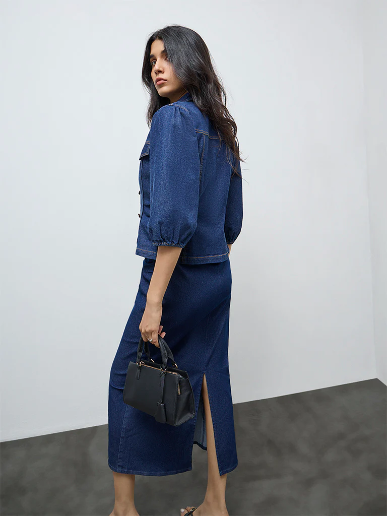 LOV Dark Blue Solid Denim Blouse - Image 4