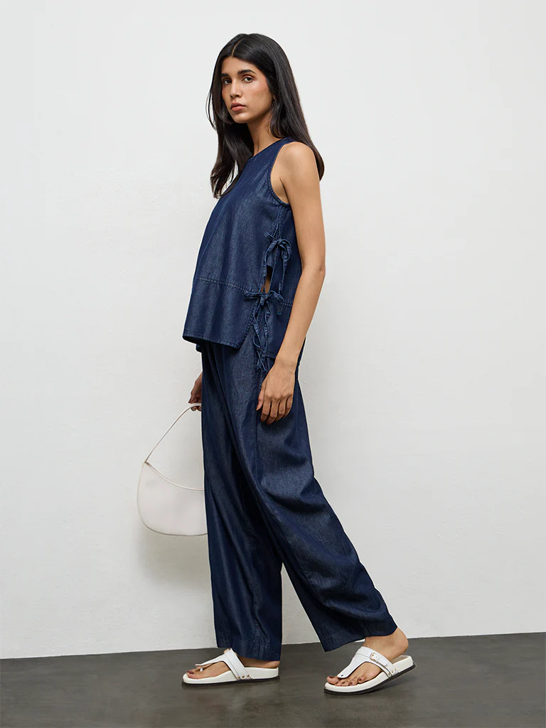 LOV Dark Blue Tie-Up Cotton-Blend Top - Image 2