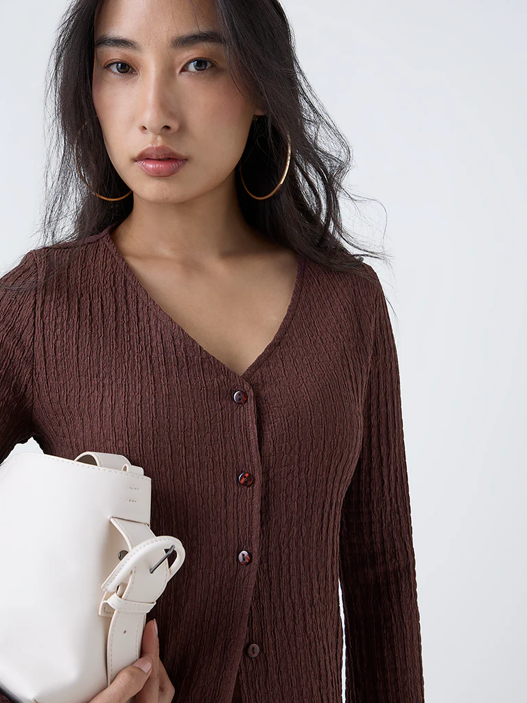 LOV Dark Brown Crinkle Textured Top - Image 3
