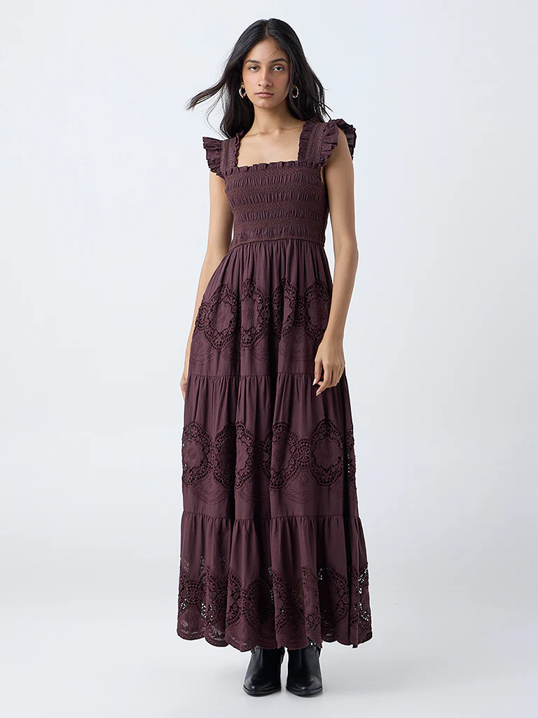 LOV Dark Brown Crochet-Detailed Cotton Tiered Dress - Image 2