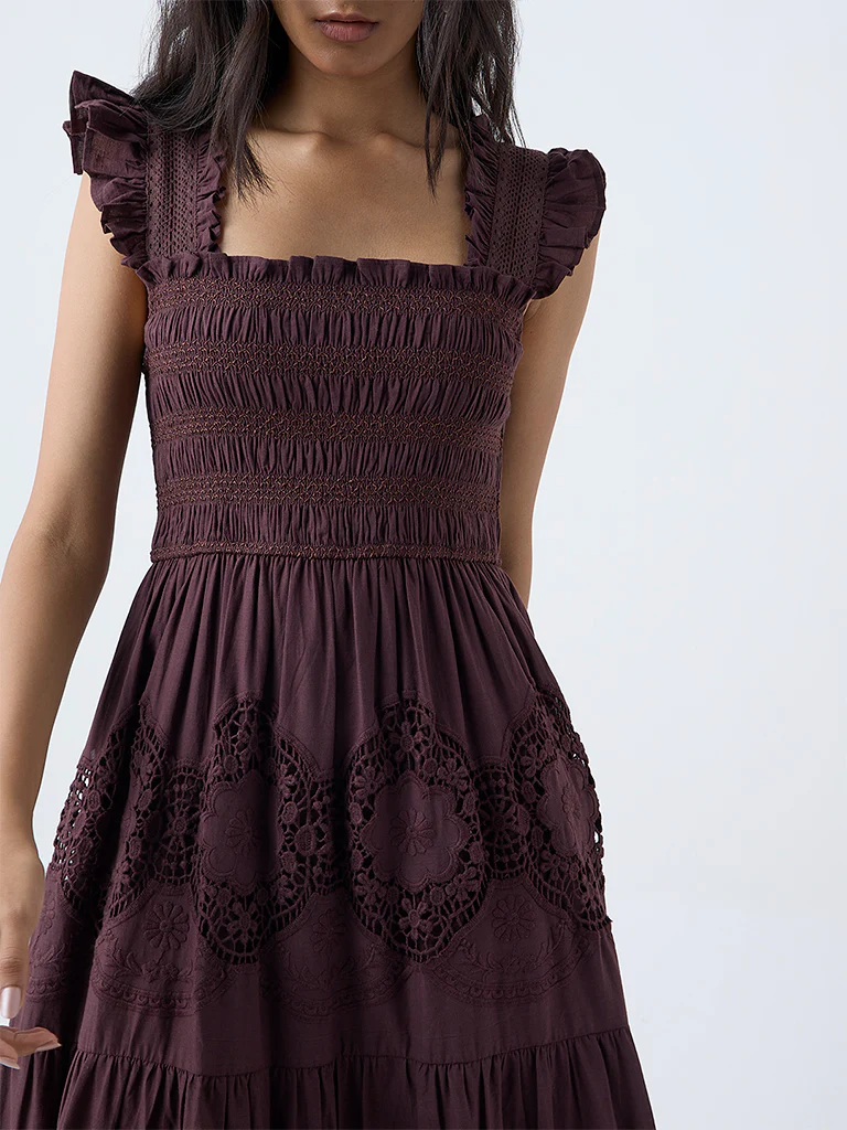 LOV Dark Brown Crochet-Detailed Cotton Tiered Dress - Image 3