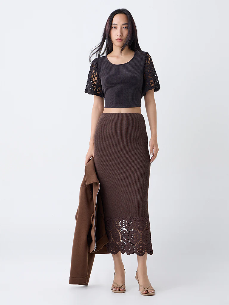 LOV Dark Brown Crochet-Detailed Ribbed High-Rise Cotton-Blend Skirt