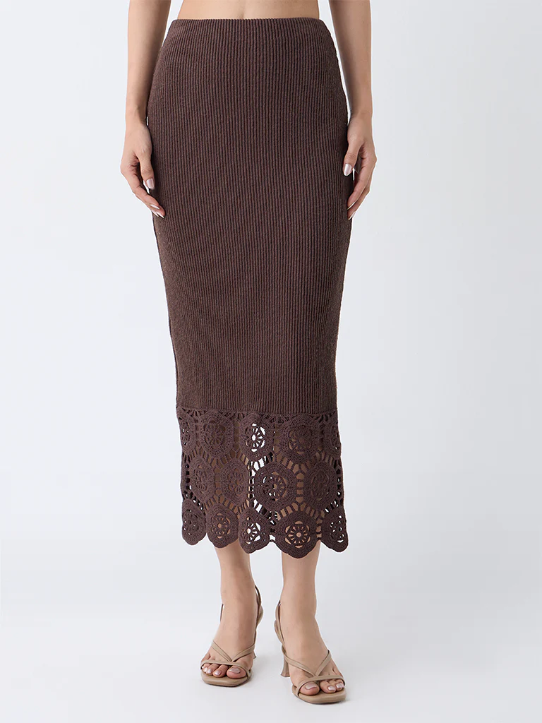 LOV Dark Brown Crochet-Detailed Ribbed High-Rise Cotton-Blend Skirt - Image 2