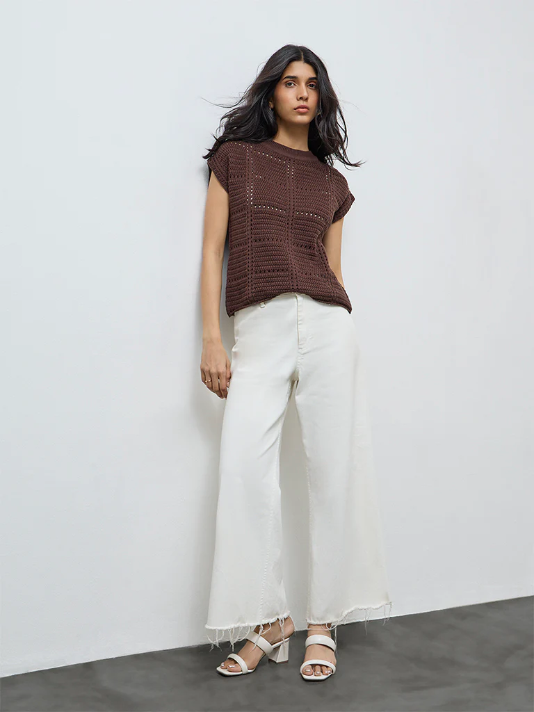 LOV Dark Brown Crochet Knit-Textured Top - Image 2