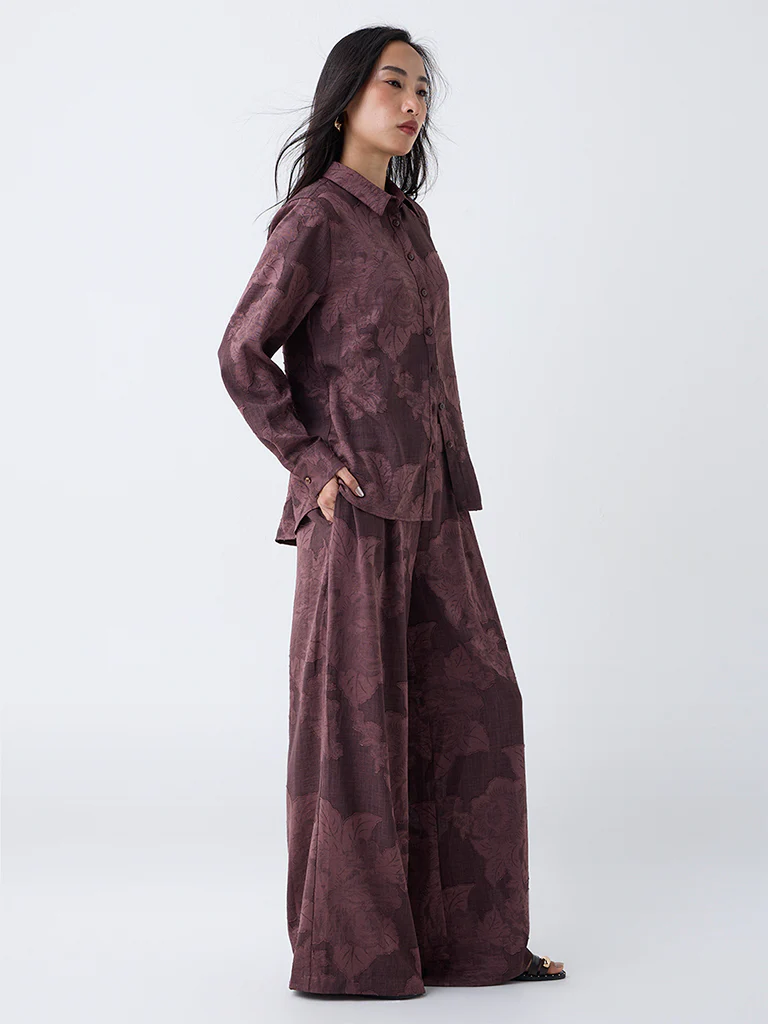 LOV Dark Brown Floral Design High-Rise Pants