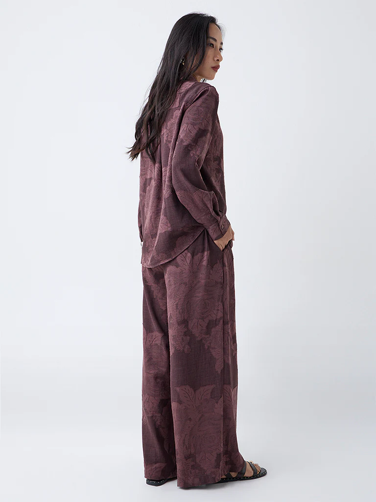 LOV Dark Brown Floral Design High-Rise Pants - Image 4